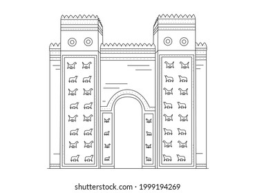 Sumerian architecture. Arch. Black and white vector drawing.