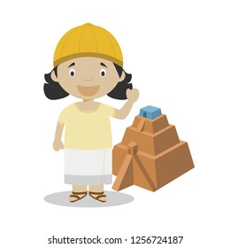 Sumerian cartoon character with ancient pyramid. Vector Illustration. Kids History Collection.