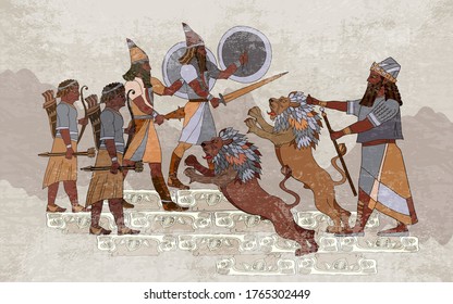 Sumerian civilization banner. King, lion and warrior. Akkadian Empire. Hunting scene. Middle East history. Ancient culture art. Mesopotamia. Gilgamesh legends 