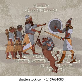 Sumerian civilization. King, lion and warrior. Akkadian Empire. Mesopotamia. Gilgamesh legends. Hunting scene. Middle East history. Ancient culture art 