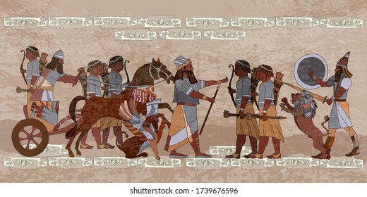 Sumerian culture. King on chariot. Akkadian Empire. Mesopotamia. Middle East history. Ancient civilization art. Lion and warrior. Scene of fight  