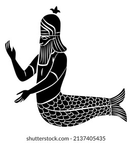 Sumerian god Uanna or Oannes. Dagon. Fantastic sea creature. Merman. Half man half fish. Babylonian Mesopotamian mythology. Black and white negative silhouette.