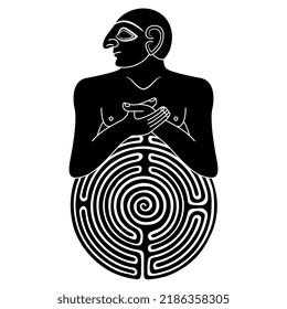 Sumerian man or priest with round spiral maze or labyrinth symbol. Creative concept. Mystery of ancient civilization. Black and white silhouette.