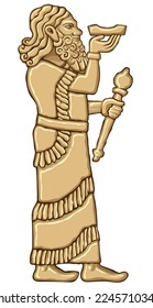 Sumerian stone figure. Akkadian, assyrian old sculpture on walls. Figure of a man carved on clay or stone. Аncient civilization middle east. Vector illustration.