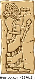 Sumerian stone figure. Akkadian, assyrian old sculpture on walls. Figure of a man carved on clay or stone. Аncient civilization middle east. Vector illustration.