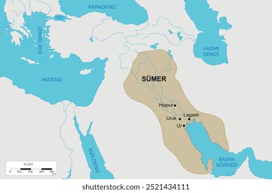 Mapa da região antiga do estado dos Sumérios, estado dos Sumérios da Anatólia, colônias na antiguidade