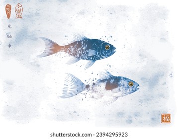 Sumi-e ink wash illustration featuring two blue koi fish with golden eyes, evoking a serene and balanced atmosphere. Translation of hieroglyph - well-being.