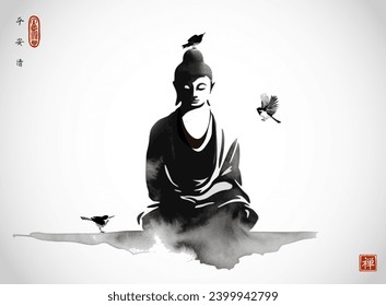 Sumi-e painting  featuring the silhouette of Buddha in the lotus position, with three small birds around. Traditional Japanese ink wash painting sumi-e. Hieroglyphs - peace, tranquility, clarity, zen