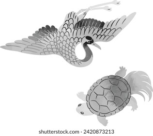 Sumi-e style crane and turtle illustration