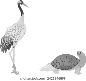 Sumi-e style crane and turtle illustration