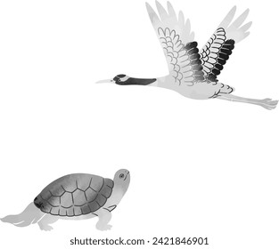 Sumi-e style crane and turtle illustration