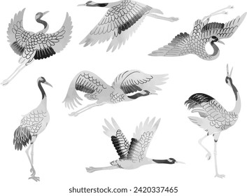 Sumi-e style crane vector illustration set
