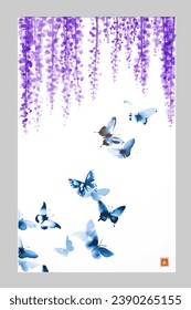 Sumi-e style illustration of cascading wisteria and flying butterflies on a white background. Translation of hieroglyph - eternity.