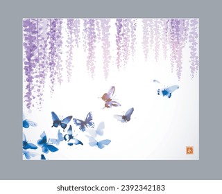 Sumi-e style illustration of cascading wisteria and flying butterflies on a white background. Translation of hieroglyph - eternity.