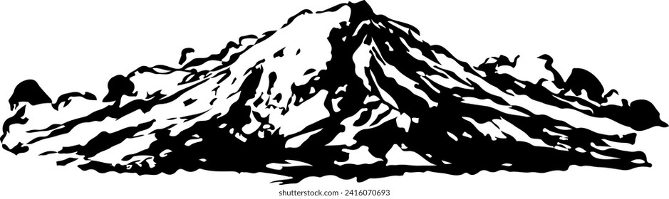 Ilustración tipo sumi-e de las montañas y de los vectores de nubes