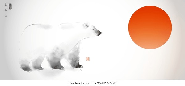 Ilustração em estilo Sumi-e de um urso polar com um sol vermelho-alaranjado vibrante sobre um fundo branco suave. Tradicional tinta japonesa lavagem pintura sumi-e. Hieróglifos - harmonia, espírito, perfeição, crença.