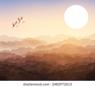 Sumi-e style illustration of two cranes flying over mountains with a large sun in the background, creating a serene and tranquil scene.