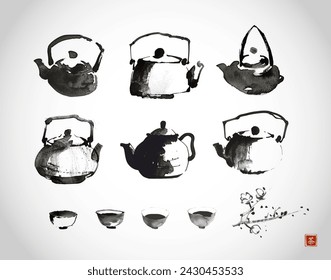 Сollection of sumi-e style ink wash paintings of teapots and cups,  arranged on a white background. Translation of hieroglyph - tea.