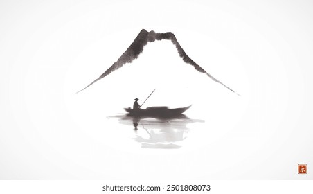 Sumi-e style painting of a fisherman in a boat with a mountain in the background on a misty lake. Hieroglyph - eternity.