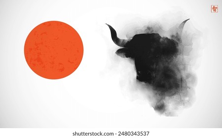 Sumi-e style painting with the head of a bull in mist and big red sun, depicted with bold and fluid black ink strokes, creating a sense of movement and strength. Hieroglyph - wisdom