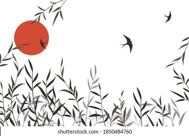 Sumi-e, u-sin or go-hua oriental art stylization of ink painting. Vector background with red sun, ink bamboo stems and leaves, willow branches and three swallows flying in the sky