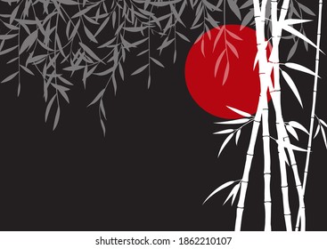 Sumi-e, u-sin or go-hua oriental art stylization of ink painting. Vector background with red moon, bamboo stems and leaves and willow branches. White and black painting of the night time of passion