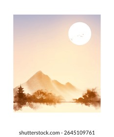 Vetor Sumi-e paisagem do pôr do sol com um pagode, árvore, pássaros, montanhas nebulosas, sol grande e reflexos de água em estilo de lavagem de tinta monocromática. Hieróglifo - clareza