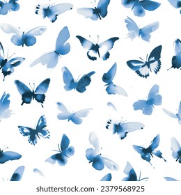 Sumi-e-inspired seamless vector pattern with blue butterflies. Can be used for wallpaper, pattern fills, textile, web page background, surface textures.