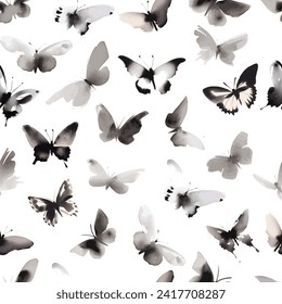 Sumi-e-inspired seamless vector pattern with butterflies. Can be used for wallpaper, pattern fills, textile, web page background, surface textures.