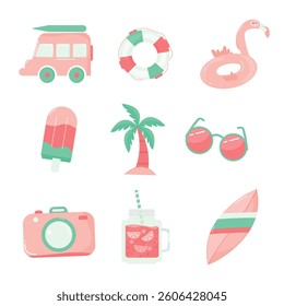 summ34stickers set. summer concept. Set of summer objects.