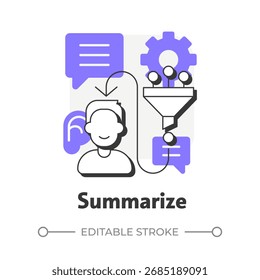 Ícone resumir conceito de estrutura de tópicos plana. Escuta ativa. Mensagens, conversas. Análise de conhecimento, informação. Ilustração de linha moderna com glifos roxos. Visual conceitual. Fácil de editar