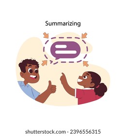 Summarizing concept. Girl learning to simplify message, while boy supports and approves. Distilling information to essence. Concise, straight to the point communication. Flat vector illustration