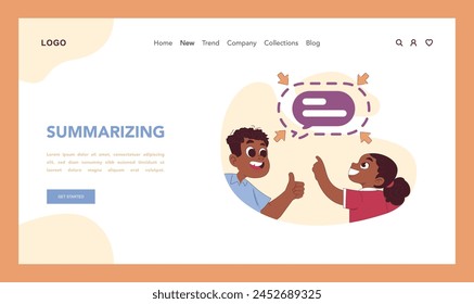 Summarizing concept. Girl learning to simplify message, while boy supports and approves. Distilling information to essence. Concise, straight to the point communication. Flat vector illustration