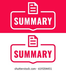 Summary. Badge with document icon. Flat vector illustration on white and red background.