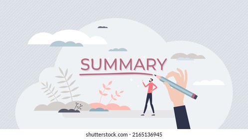 Summary as compact text essence and final conclusion tiny person concept. Headline text for overview slide head vector illustration. Information presentation with simple main key points. Data resume.