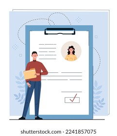 Summary of employees. Man with folder evaluates employee, rating and ranking, feedback and praise. Positivity and optimism, documents and diplomas. Poster or banner. Cartoon flat vector illustration