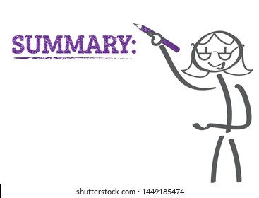 Summary heading - woman writing the word Summary with marker on wipe board isolated on white