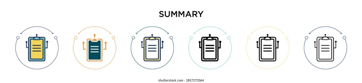 Summary icon in filled, thin line, outline and stroke style. Vector illustration of two colored and black summary vector icons designs can be used for mobile, ui, web