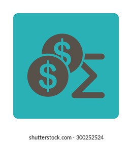 Summary icon. This flat rounded square button uses grey and cyan colors and isolated on a white background.