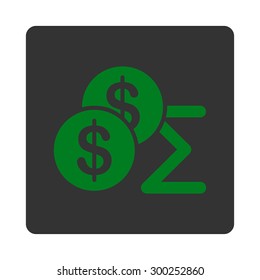 Summary icon. This flat rounded square button uses green and gray colors and isolated on a white background.