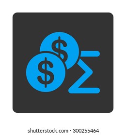 Summary icon. This flat rounded square button uses blue and gray colors and isolated on a white background.
