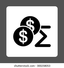 Summary icon. This flat rounded square button uses black and white colors and isolated on a gray background.