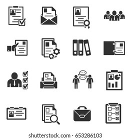 Summary icons set. Interview and hiring, simple symbols collection. Review resume. Reception staff for the vacant post, isolated vector monochrome illustrations