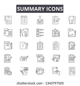 Summary line icons for web and mobile design. Editable stroke signs. Summary  outline concept illustrations