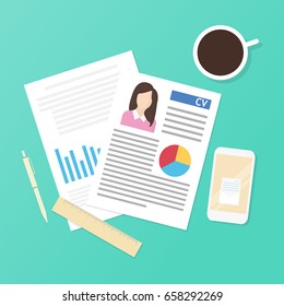 Summary on the desk with coffee, smartphone, pen, ruler