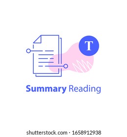 Summary Reading, Short Article, Content Writing, Storytelling Course, Copyright Concept, Contract Terms And Conditions, Legal Papers, Boilerplate Text, Vector Line Icon