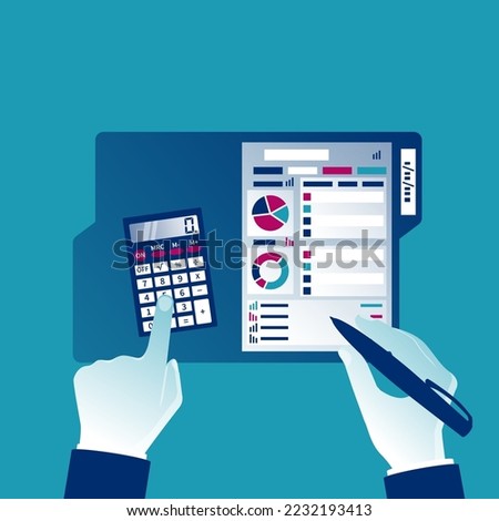 Summary report concept. Financial worker analyzing statistical data. Research chart, calculation. Compact data summary. Documents folder. Vector illustration flat design. Calculator pen in hand.