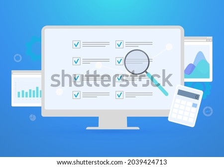 Summary of Survey Report Results concept. To do list paper business note, Internet quiz, survey form, magnifier and chart icons. Questionnaire checklist form of online exam