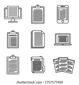 Summary text icons set. Outline set of summary text vector icons for web design isolated on white background