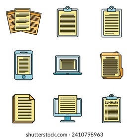 Summary text icons set. Outline set of summary text vector icons thin line color flat on white